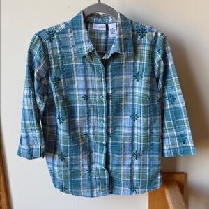 Kim Rogers Embroidered Madras Plaid Blouse Shirt 100% Cotton Medium